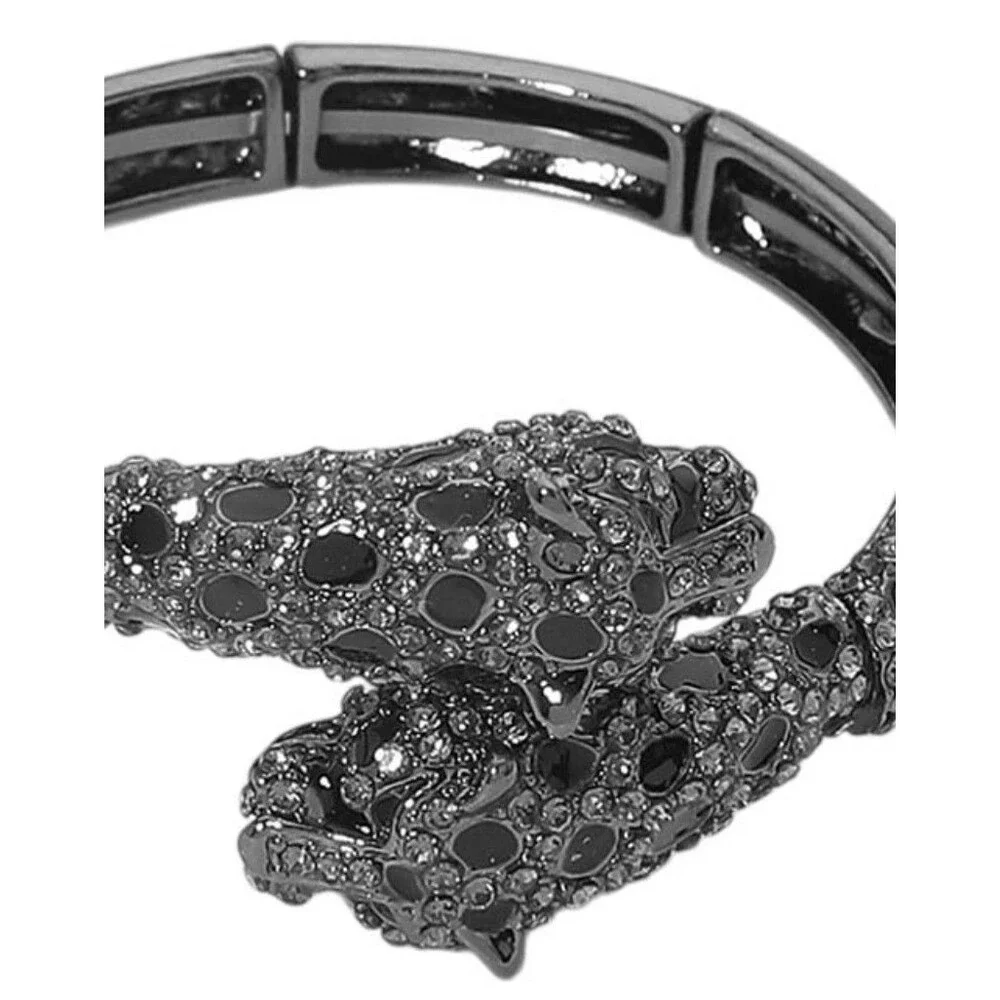 Black Diamond Leopard Head Cuff Bangle Rhinestone Statement Bracelet Animal